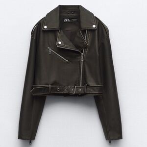 Black Cropped Belted Moto Leather Jacket